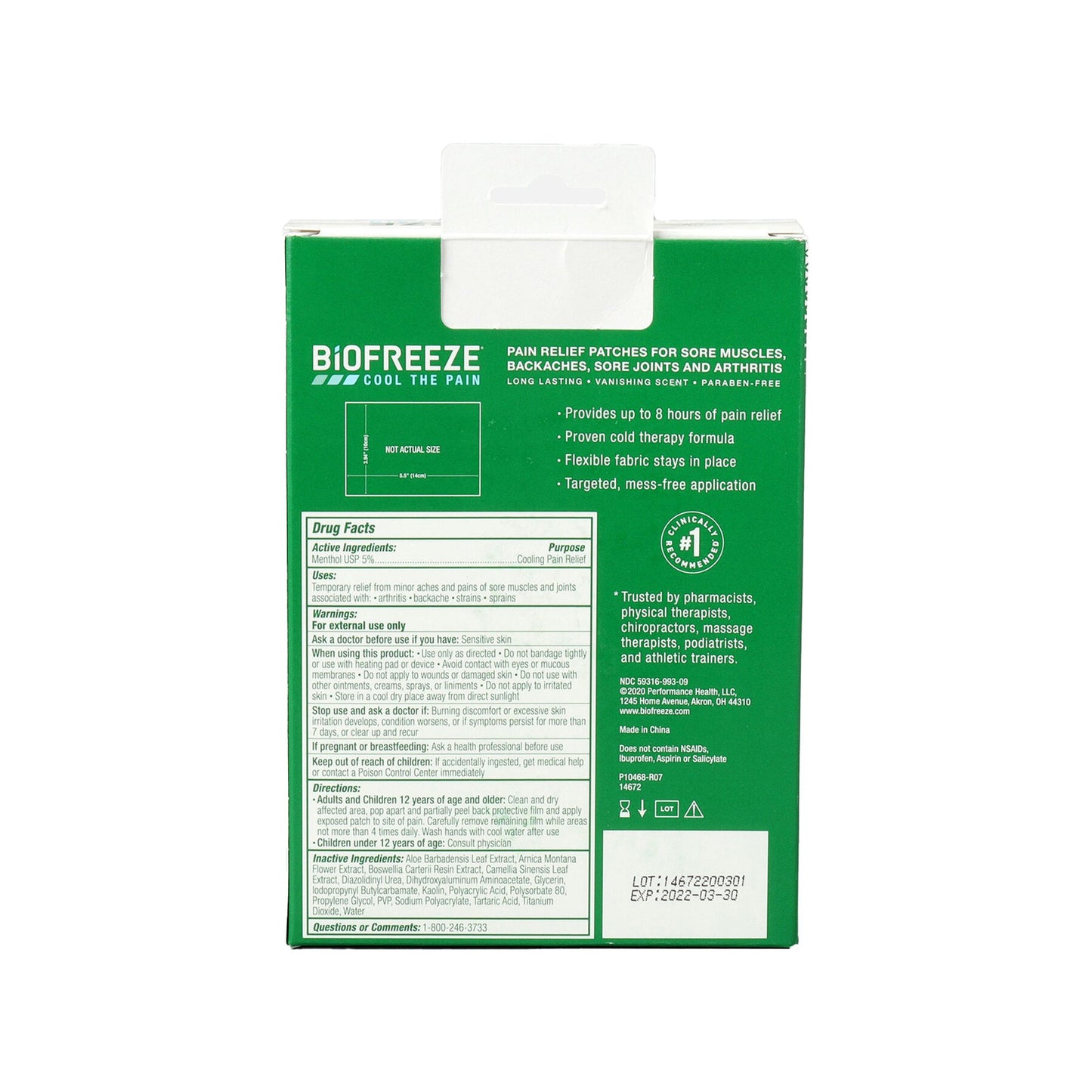 Biofreeze® 5% Menthol Pain Relieving Patch, Five 14 x 10 centimeter Patches