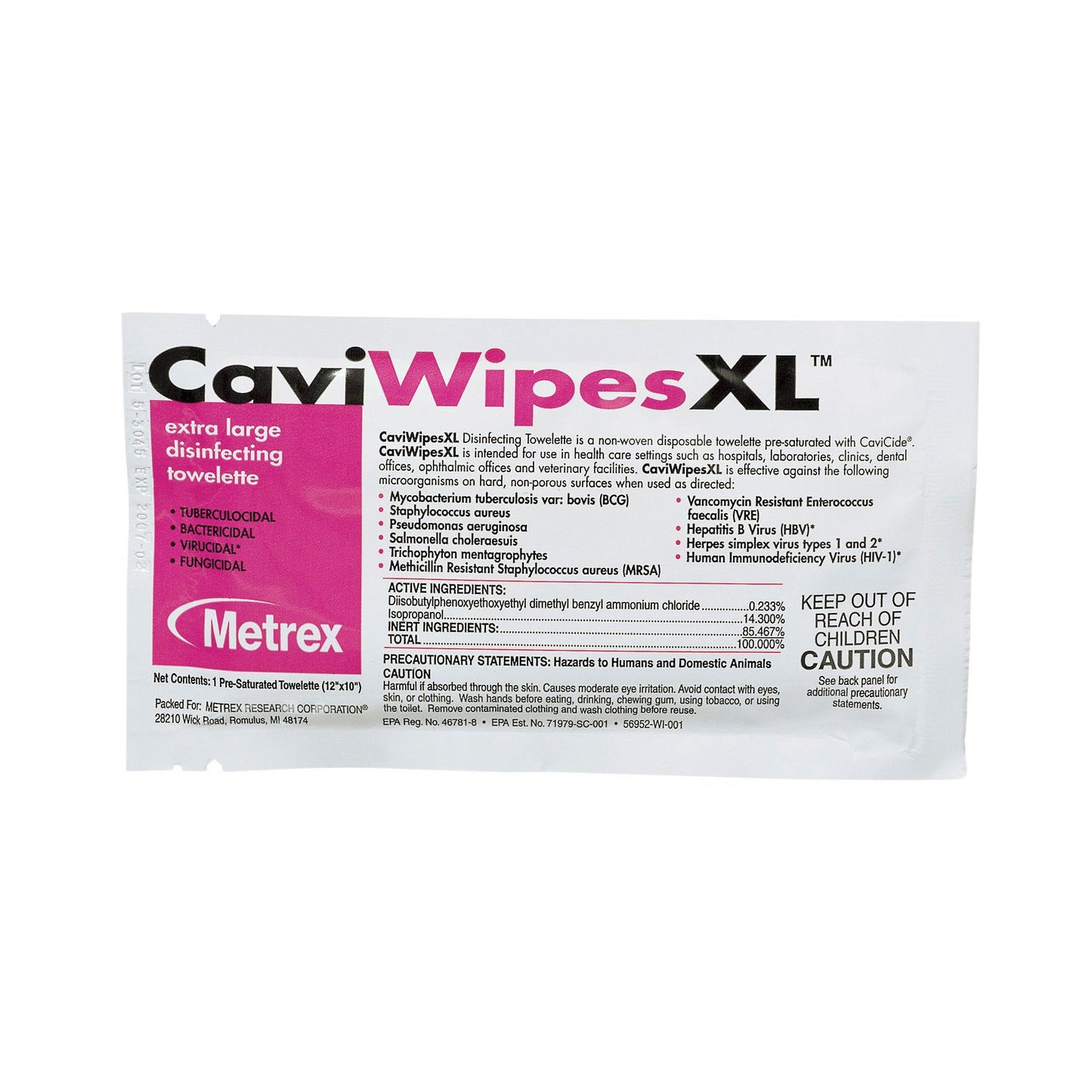 WIPE, DISINFECTANT CAVIWIPES XLG SNGL 12X10 (50/BX