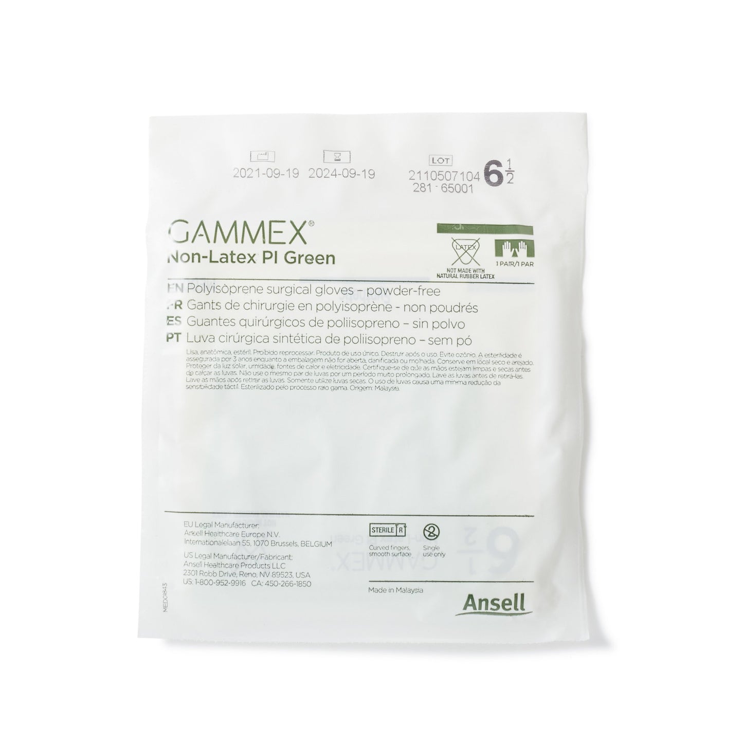 Gammex® Non-Latex PI Green Polyisoprene Surgical Glove, Size 6.5, Light Green