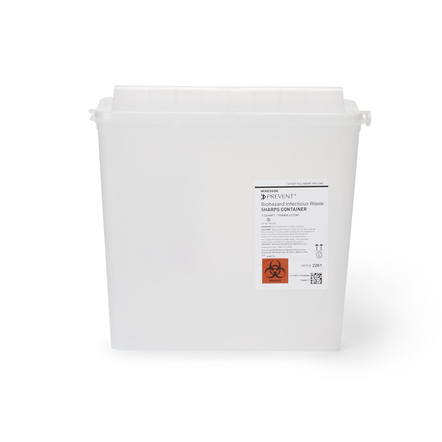 Sharps Container McKesson Translucent Base 10-3/4 H X 10-1/2 W X 4-3/4 D Inch Horizontal Entry 1.25 Gallon