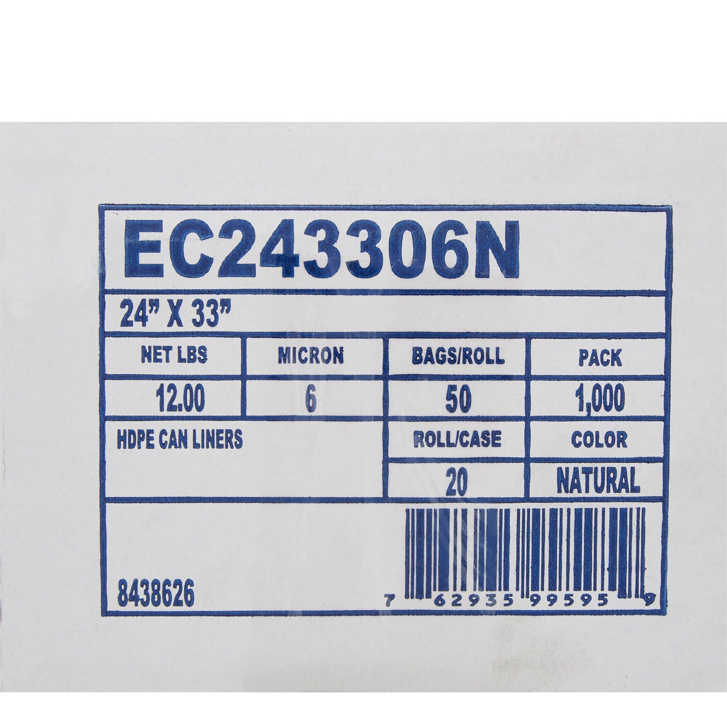 LINER, CAN CLR 6MIC 24"X33" 15GL (1000/CS)