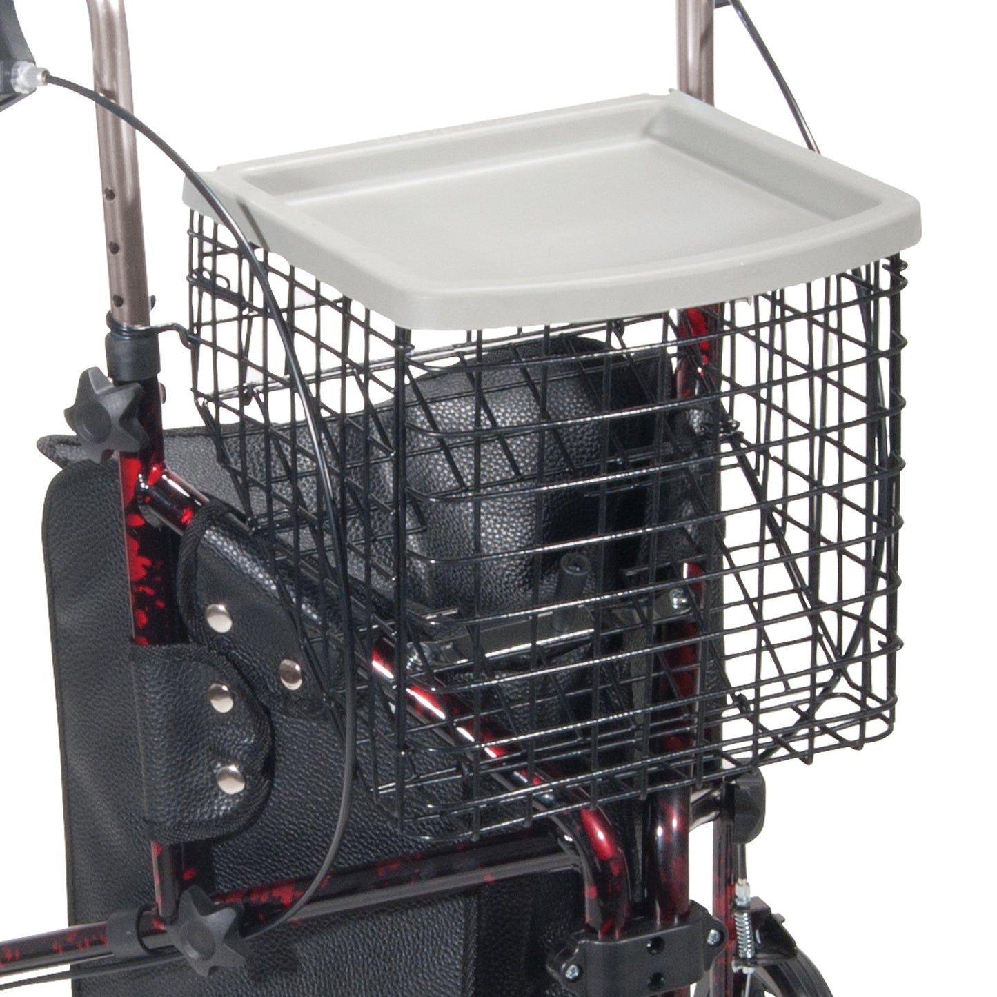 WALKER, ROLLATOR 3WHEEL ALUM WBASKET/TRAY/POUCH RED