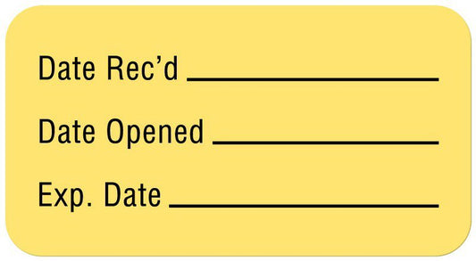 Pre-Printed / Write On Label Auxiliary Label Yellow Paper Date Rec'D __________ / Date Opened __________ / Exp. Date __________ Quality Control Label 7/8 X 1-5/8 Inch