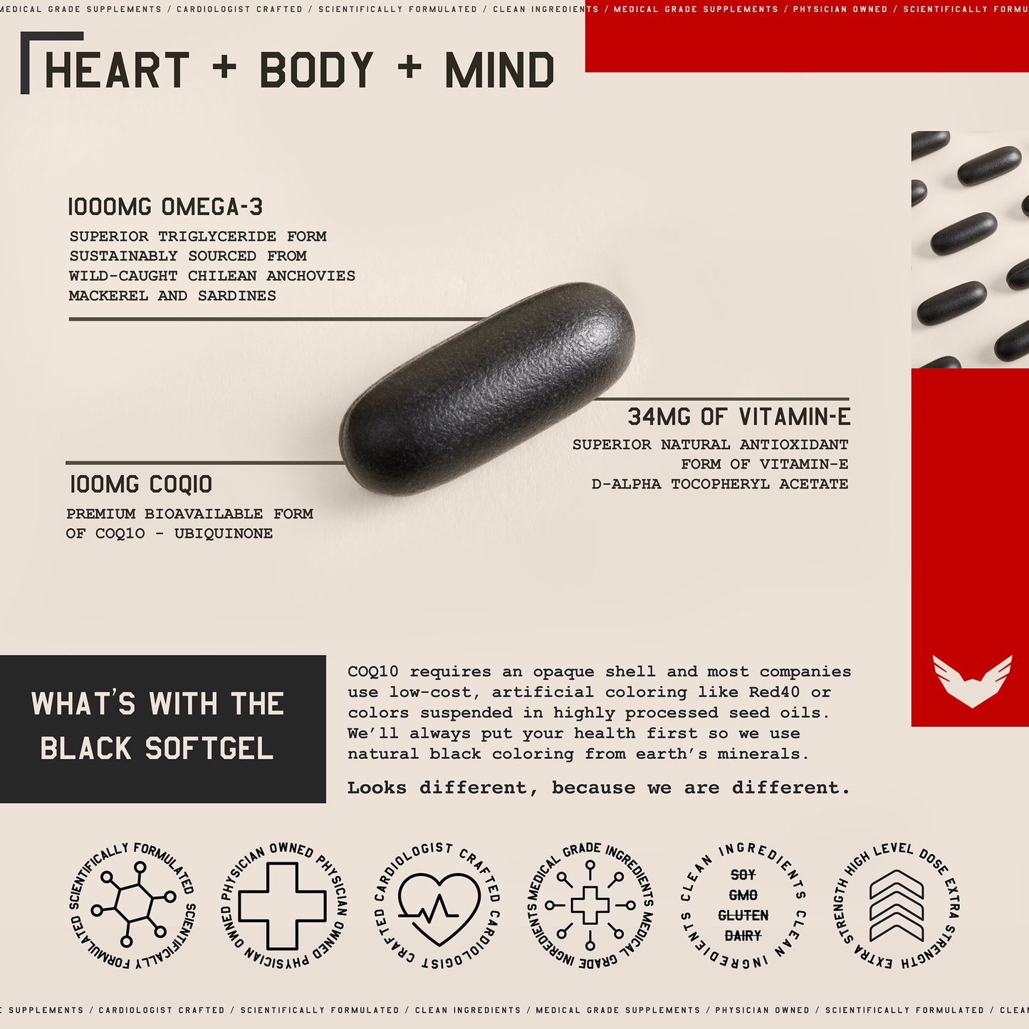 Dietary Supplement Heart + Body + Mind Fish Oil / EPA / DHA / CoQ10 / Vitamin E 2,000 mg - 360 mg - 240 mg - 200 mg - 68 mg Strength Softgel 60 Per Bottle
