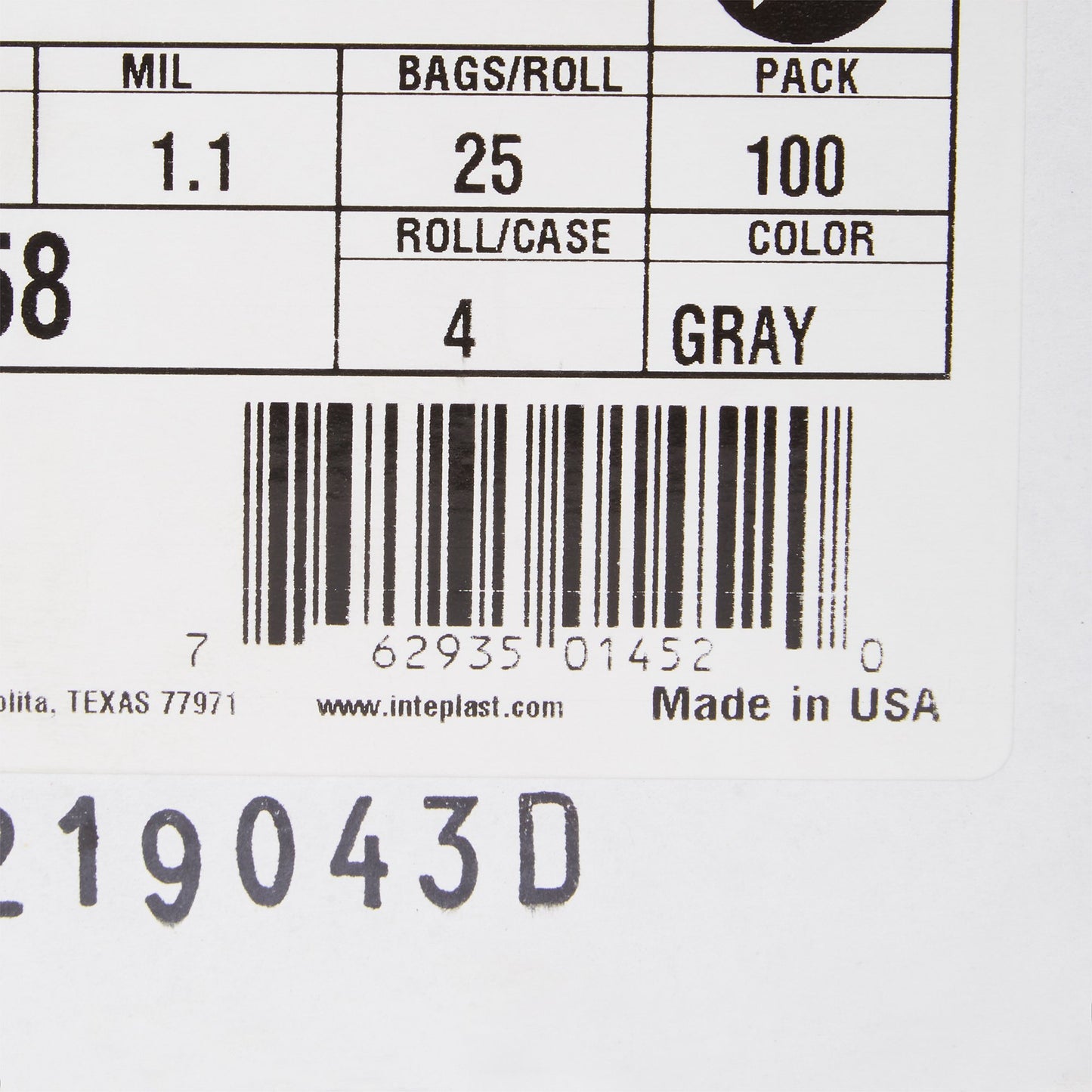 LINER, CAN GRY 1.10MIL 38"X58"60GL (100/CS)